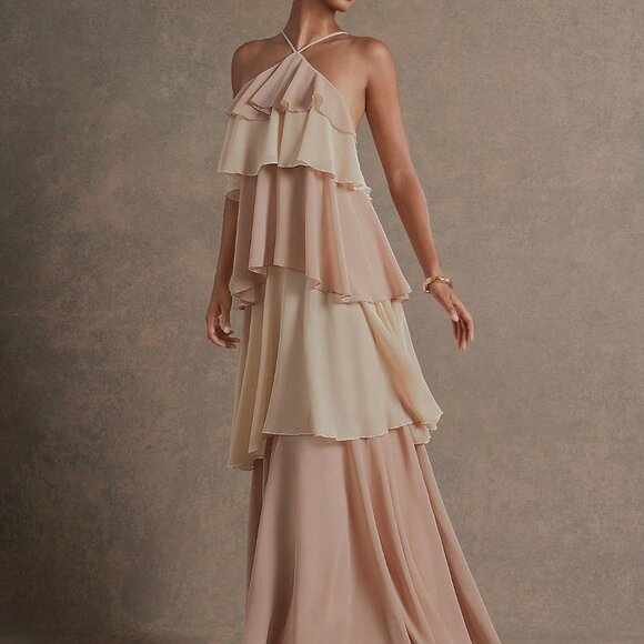 Multicolor Party Women's Colorblock Ruffle Hem Elegant Maxi Halter Dress - Picture 4 of 5